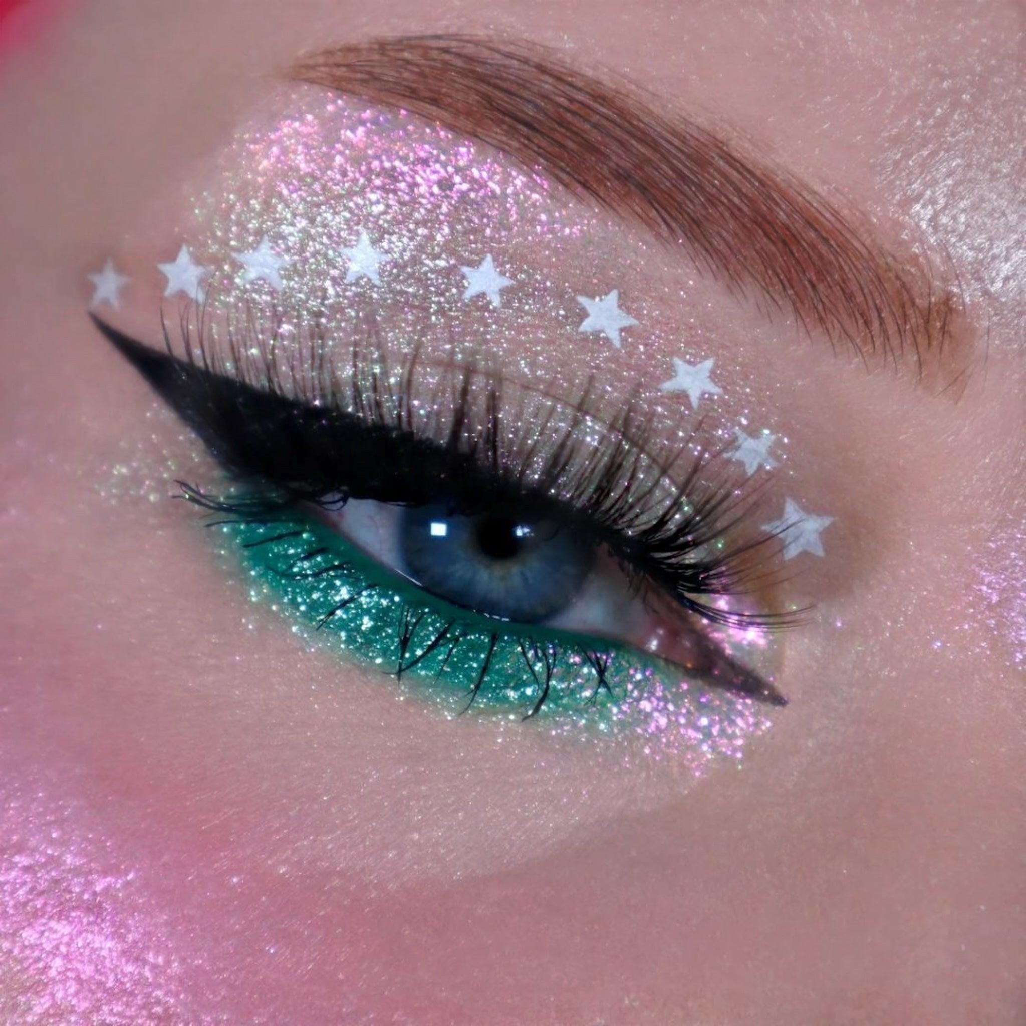 Afterglow iridescent Multichrome eyeshadow pigment. Super sparkly, glittery. Opal Multichrome Pro Glitz. Colour shifts of Pink > Red > Gold > Green. 